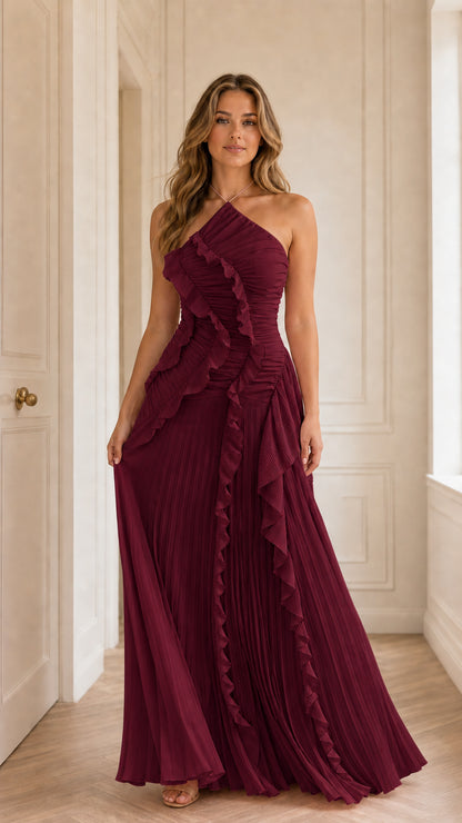 Burgundy wine red pleated halter formal maxi dress