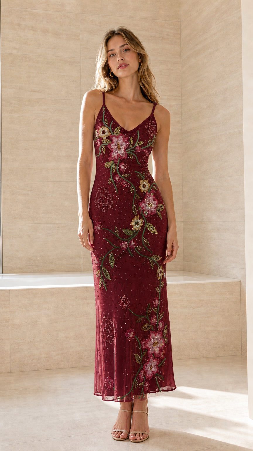 Burgundy red floral embroidered beaded maxi slip dress