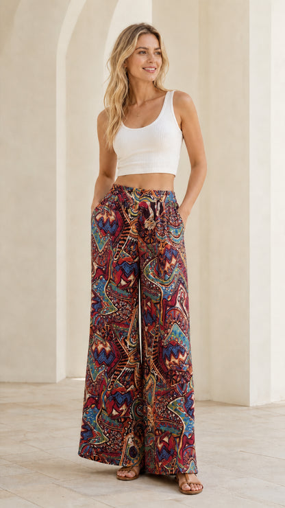 Full length view of burgundy wine red multi bohemian wide leg pants