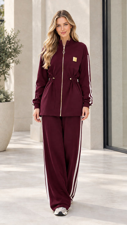 Women's burgundy wine red two-piece tracksuit set