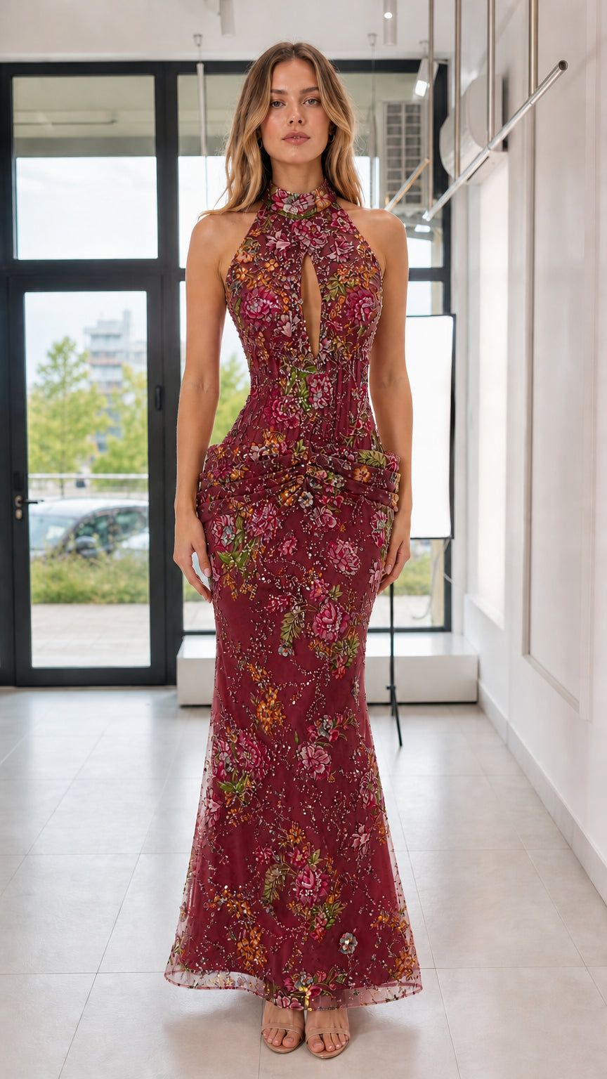 Model wearing burgundy floral sequin evening gown