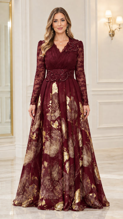 Front full-length view of burgundy red metallic floral evening gown