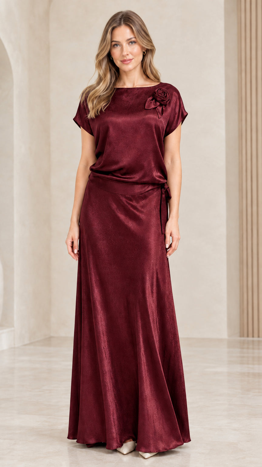Full-length view of woman wearing Burgundy wine satin formal maxi dress