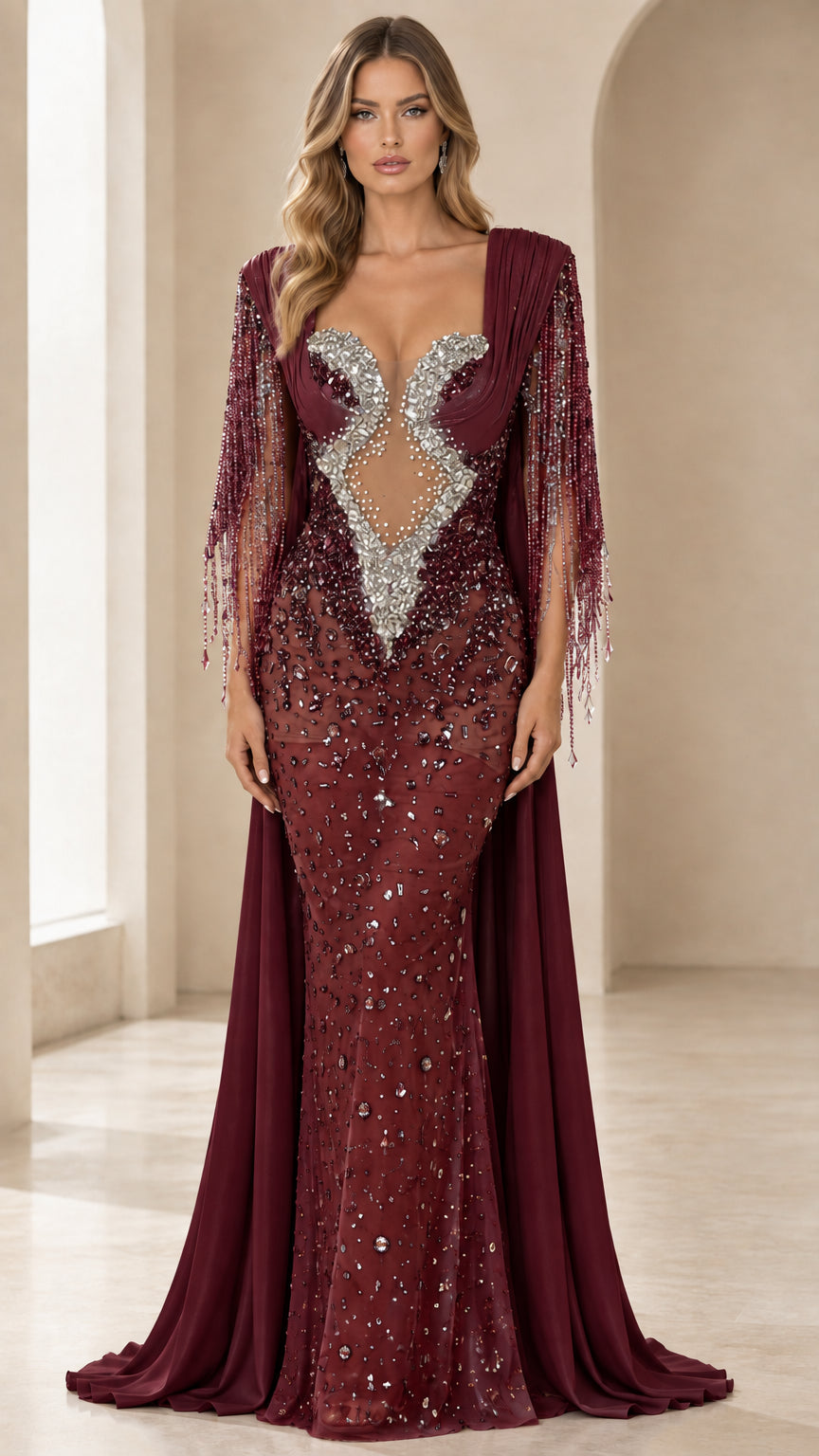 Front view of burgundy wine red beaded evening dress with chiffon cape train