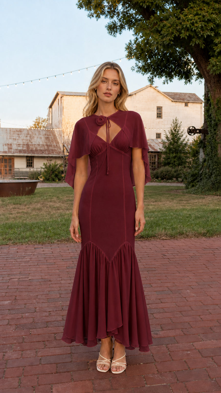 Front view of model wearing Burgundy floral rosette capelet mermaid maxi dress