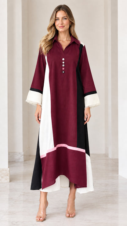 Front view of model wearing Burgundy color block collared maxi dress