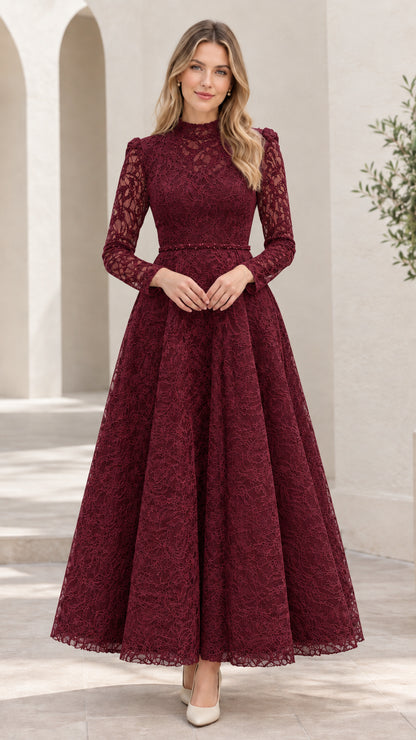 Front view of woman wearing burgundy wine red floral lace long sleeve maxi dress