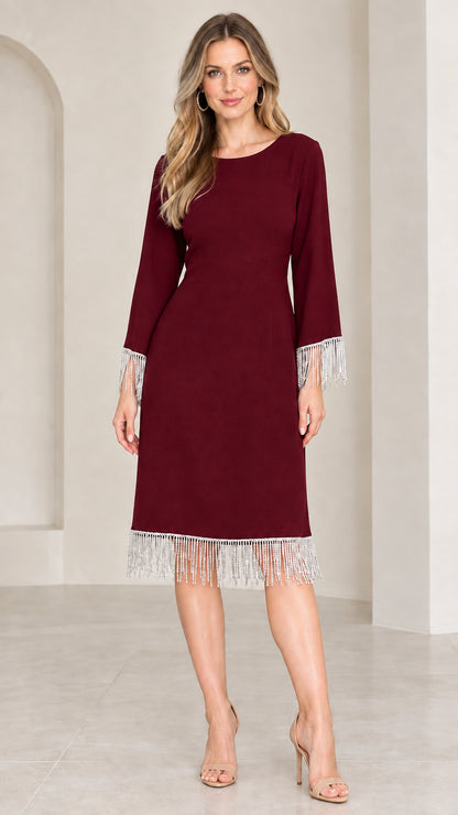 Front view of burgundy red knee-length party dress with rhinestone fringe