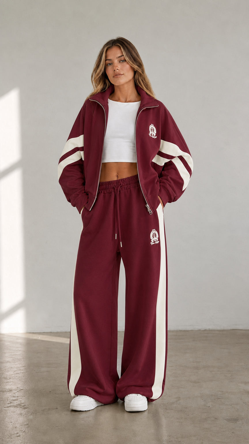 Burgundy red women's two-piece tracksuit set with white contrast stripe details