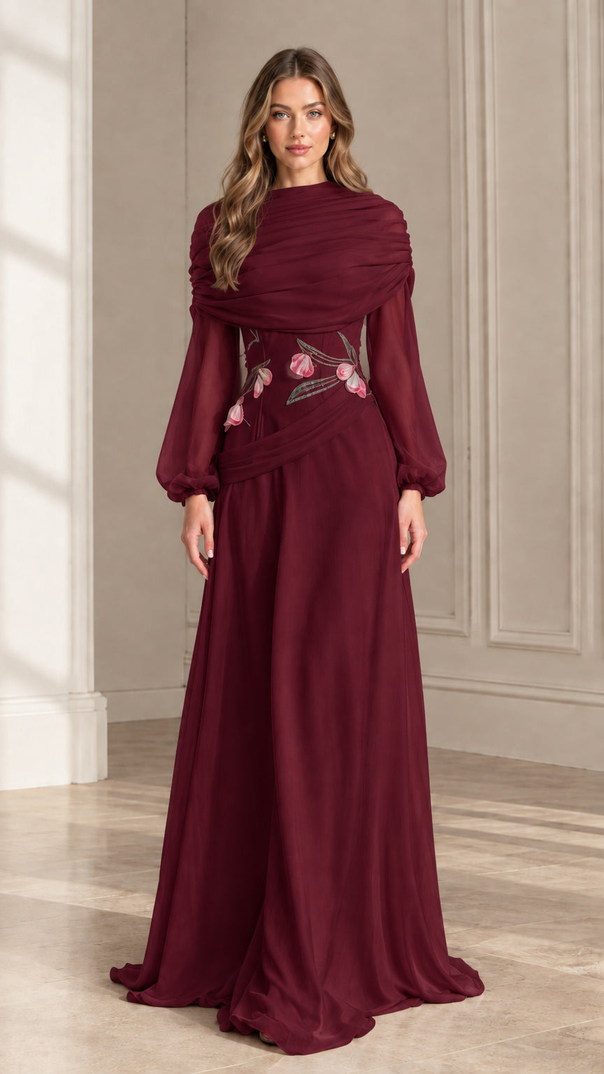 Front view of burgundy wine red draped long sleeve formal dress