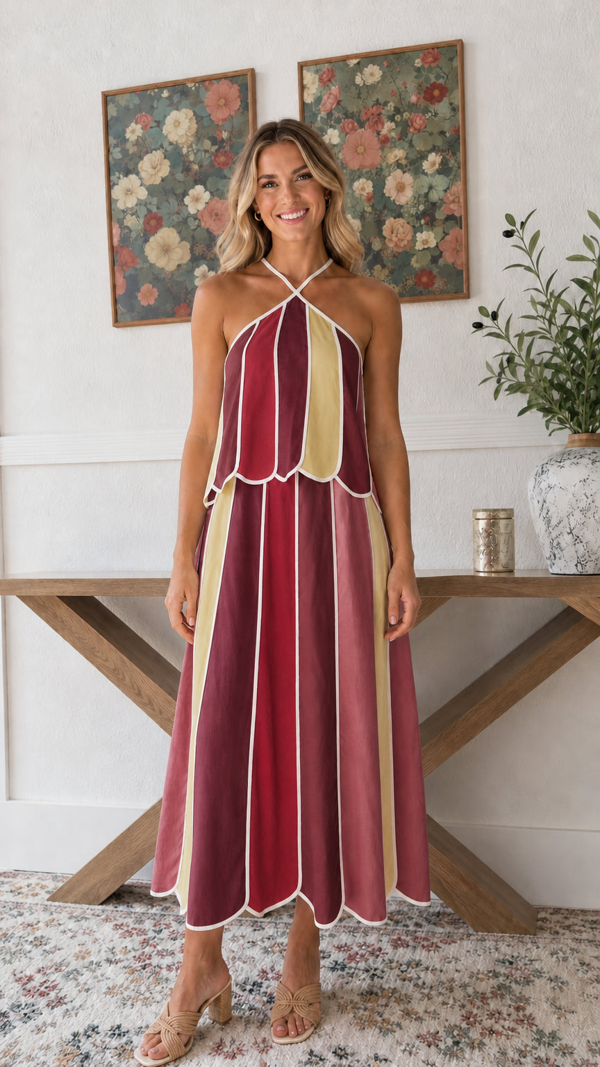 Front view of Burgundy Multi striped halter scalloped midi dress