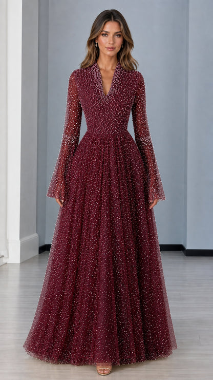 Front view of burgundy wine pearl-embellished floor length formal dress