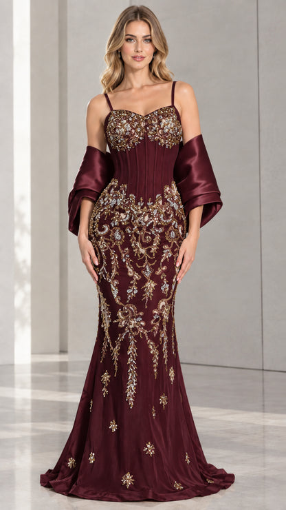 Front view of Burgundy embellished corset mermaid evening gown with burgundy shawl