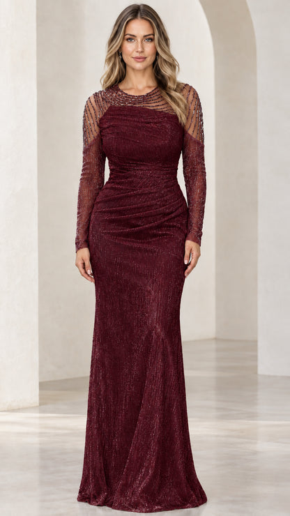Burgundy wine beaded illusion evening gown front view