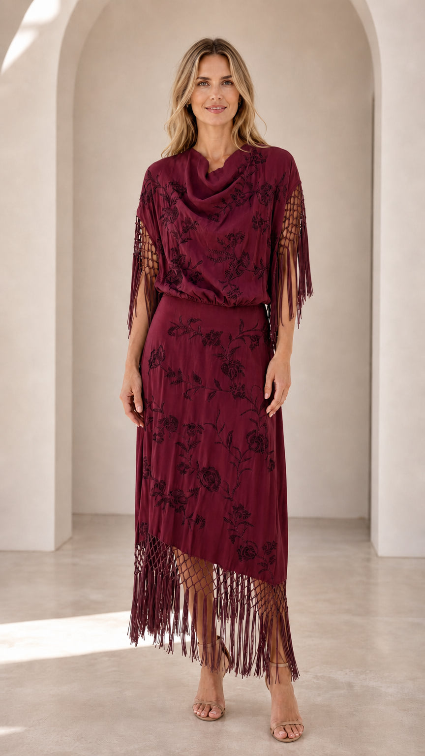 Burgundy wine floral embroidered cowl neck maxi dress with fringe