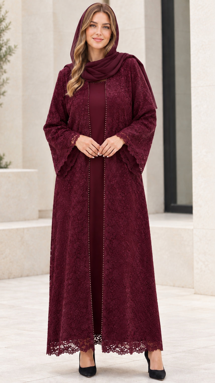 Women's burgundy wine red floral lace abaya set