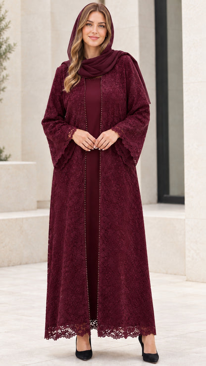 Women's burgundy wine red floral lace abaya set