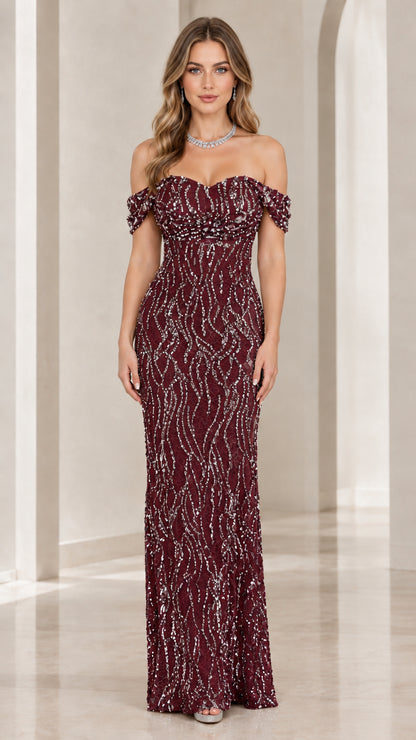 Burgundy wine off-the-shoulder sequin maxi evening dress