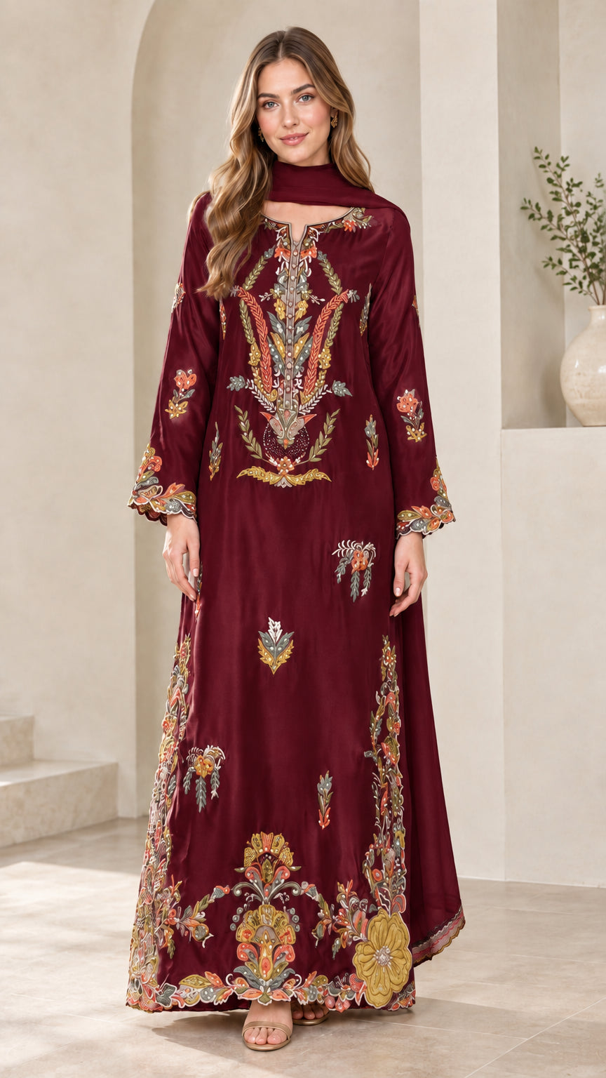 Burgundy wine red floral embroidered kaftan occasion gown