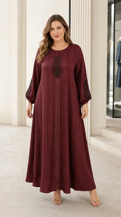 Woman wearing burgundy wine red beaded modest maxi dress