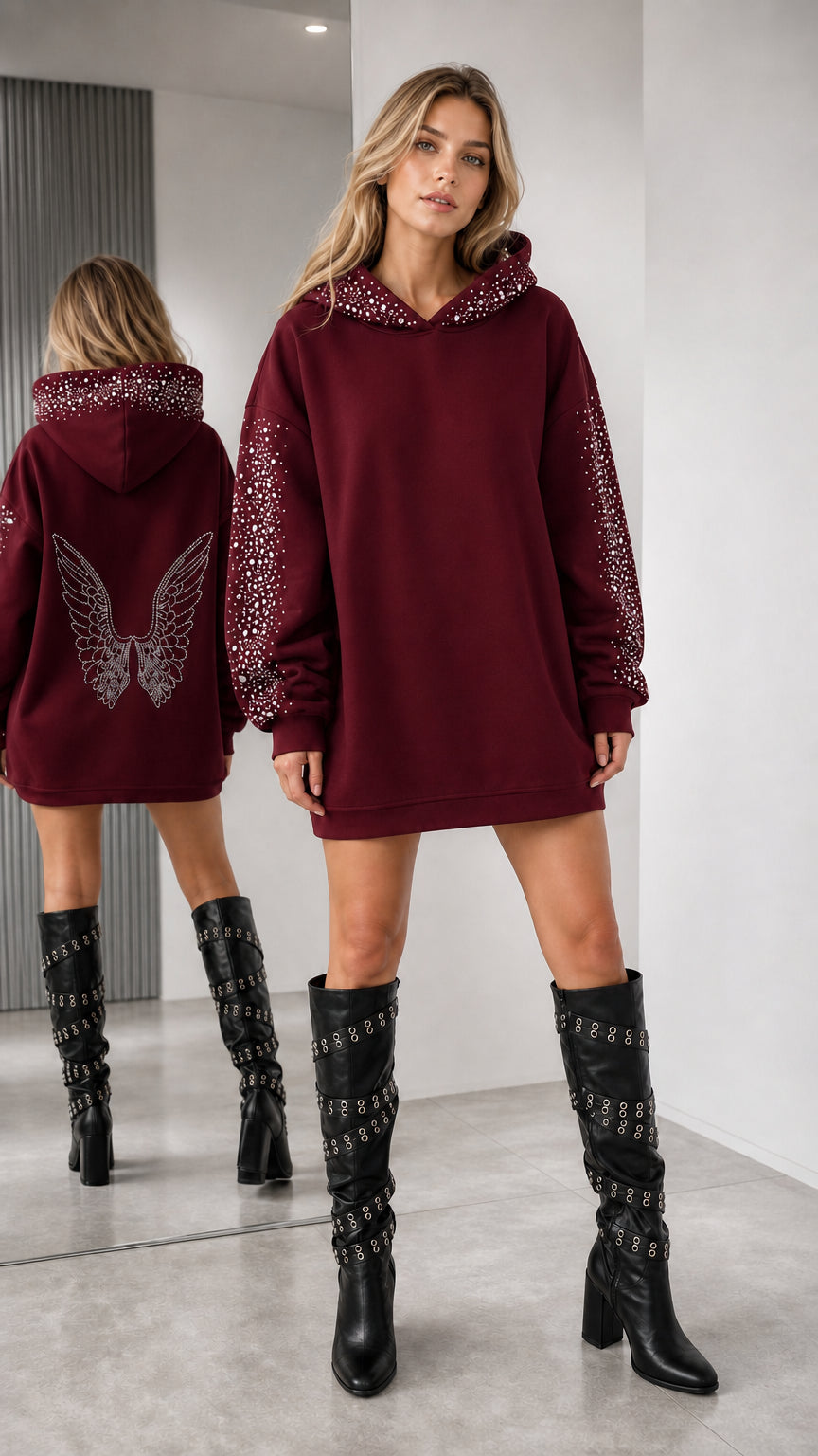 Burgundy wine oversized rhinestone angel wing hoodie dress shown from front and back