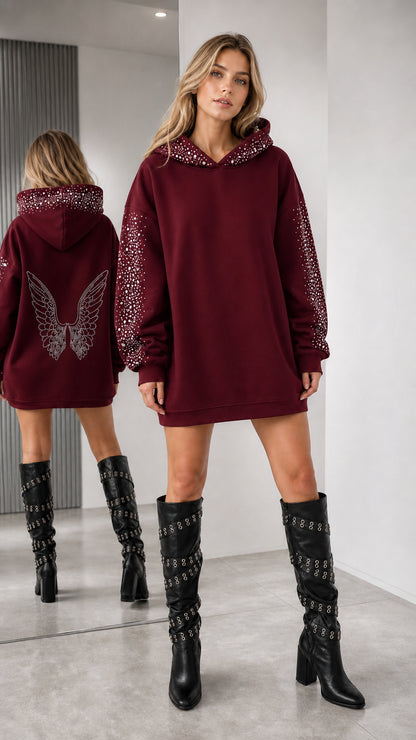 Burgundy wine oversized rhinestone angel wing hoodie dress shown from front and back