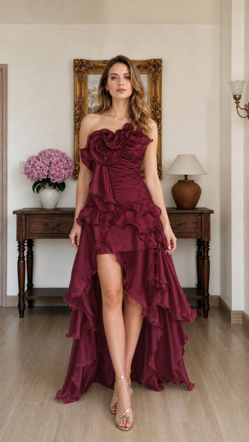 Front view of woman wearing Burgundy wine strapless 3D rosette high-low evening gown