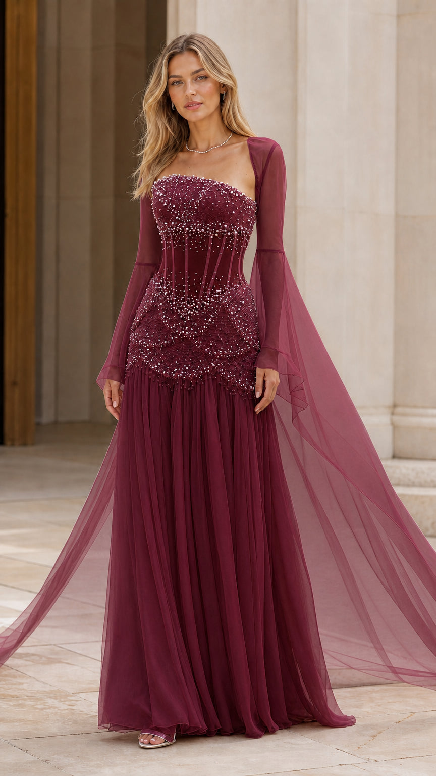 Burgundy wine pearl-beaded corset evening dress with sweeping cape sleeves