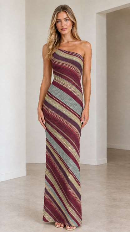Burgundy multi diagonal stripe one-shoulder knit maxi dress on model