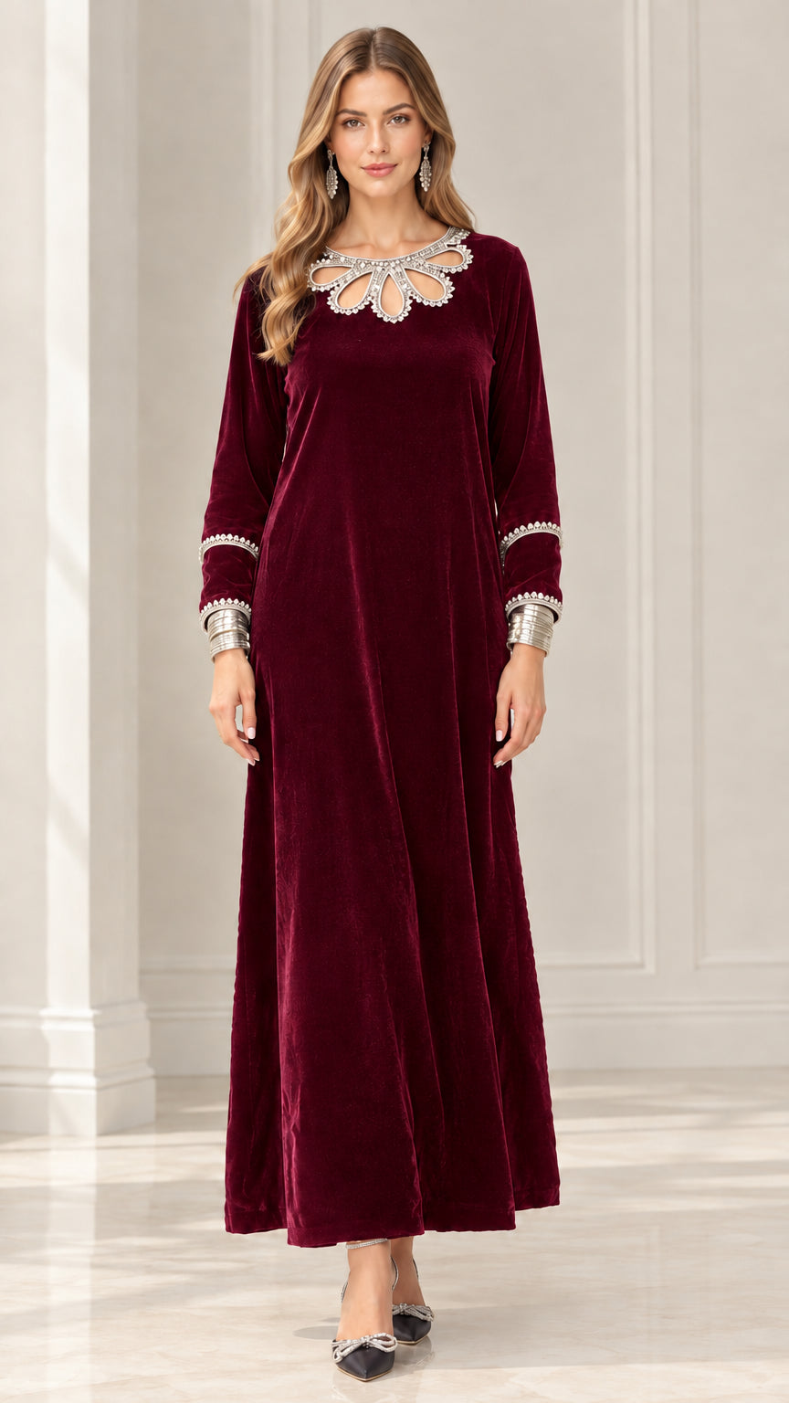 Burgundy wine red velvet long sleeve maxi dress with crystal neckline
