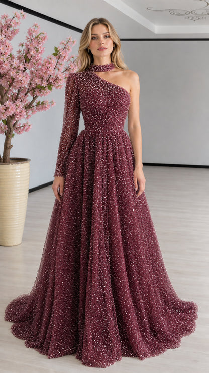 Burgundy wine one-shoulder beaded evening gown with high collar