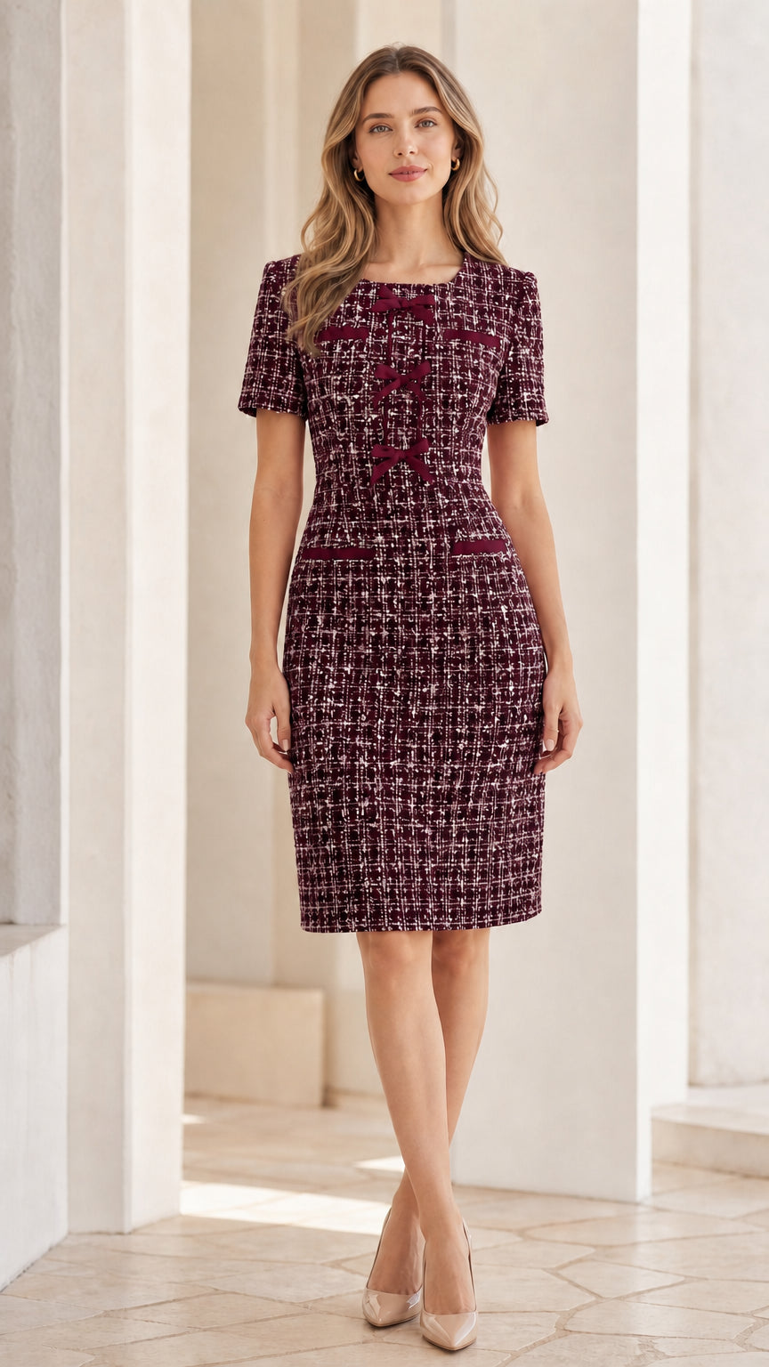 Burgundy wine red short sleeve textured tweed sheath dress