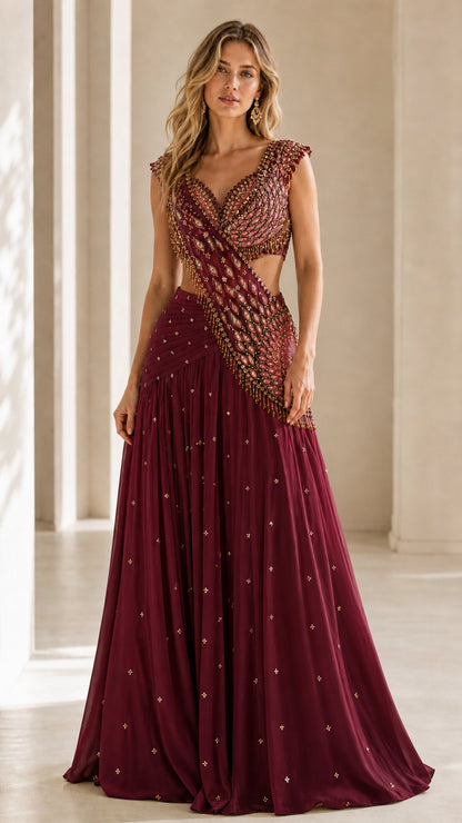Front view of woman wearing Burgundy beaded cut-out draped evening dress