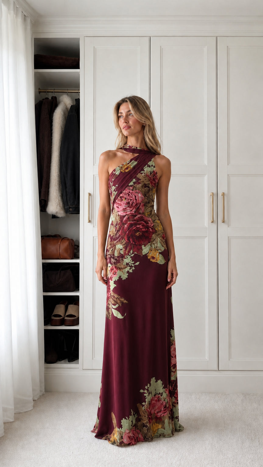 Burgundy wine floral halter maxi dress front view