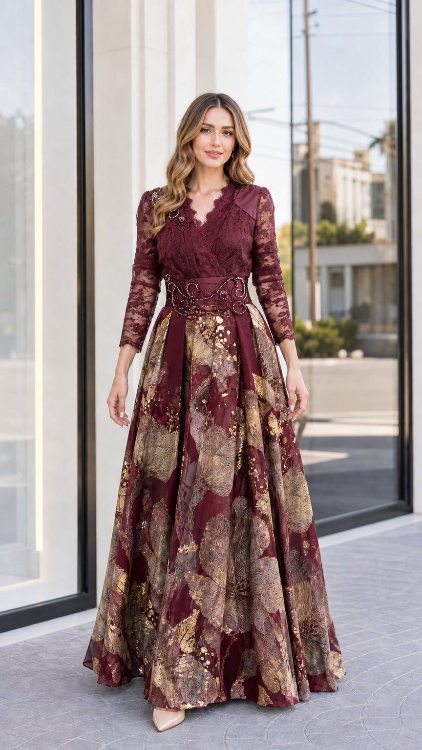 Burgundy wine and gold metallic floral A-line formal evening gown