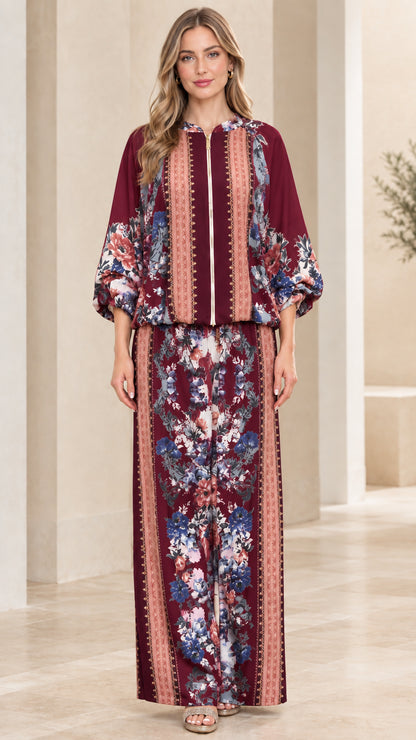 Full-length front view of model wearing Burgundy floral print matching pant set