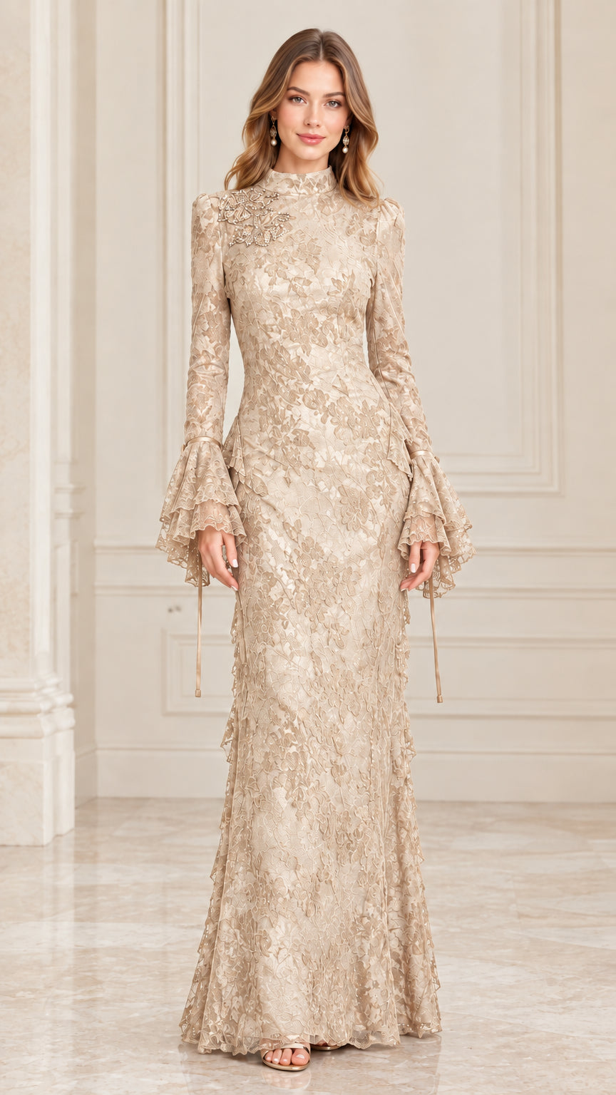 Champagne gold floral lace floor-length formal dress with bell sleeves