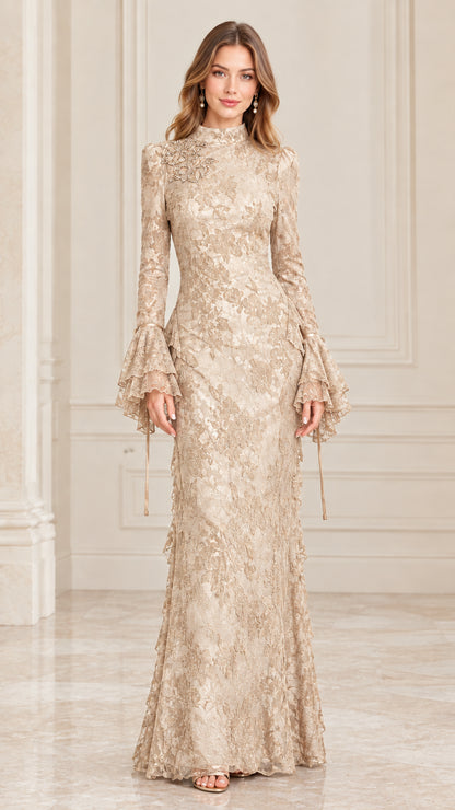 Champagne gold floral lace floor-length formal dress with bell sleeves