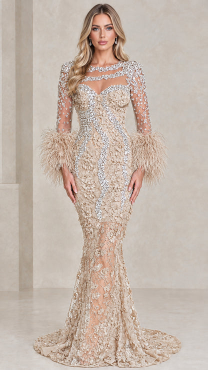 Champagne gold embellished mermaid evening gown with feather cuffs
