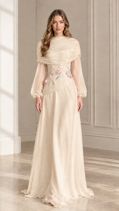 Front view of champagne cream draped high neck long sleeve evening gown