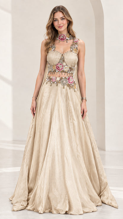 Champagne gold floral embroidered two-piece formal gown with matching collar