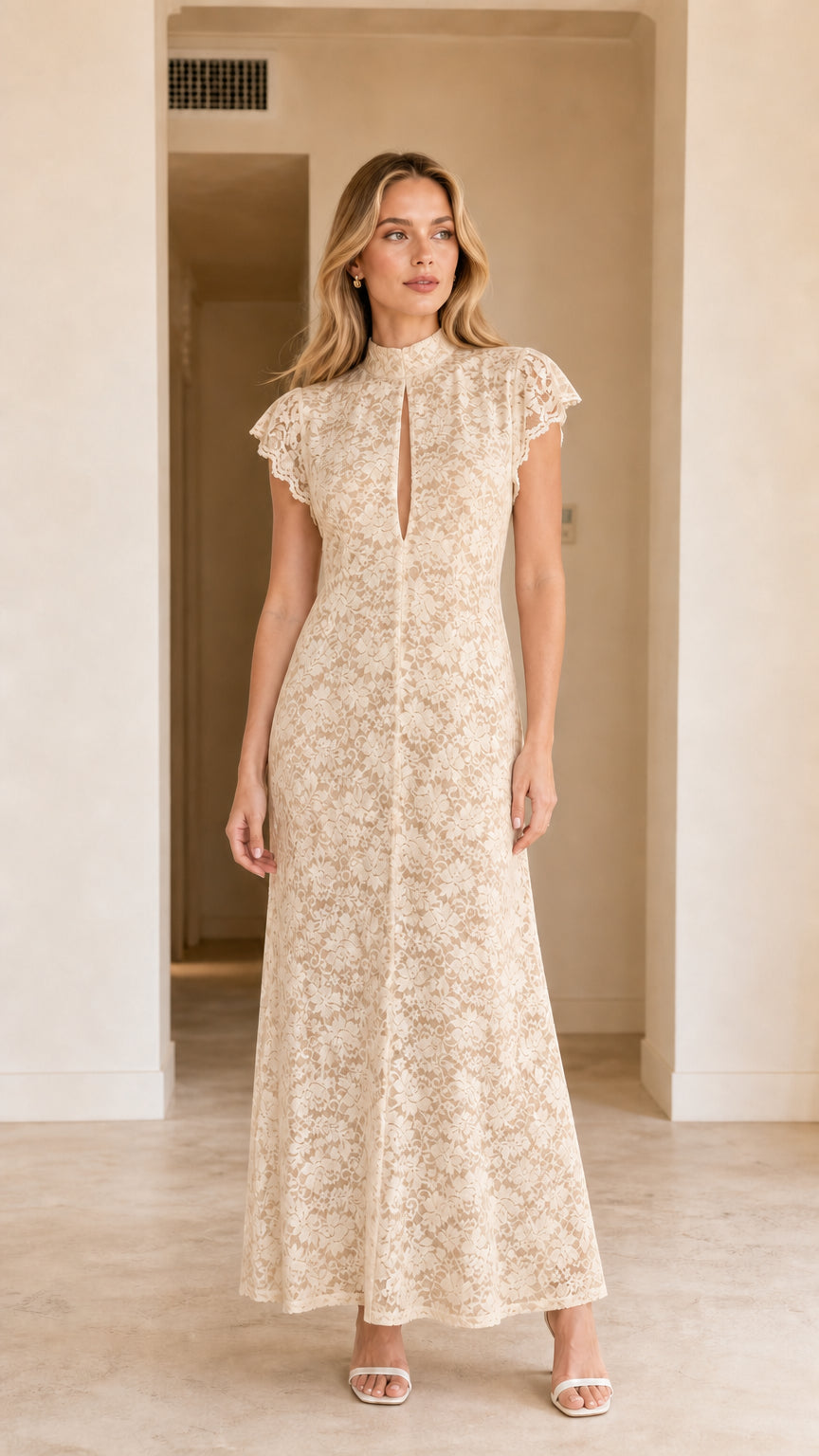 Model wearing champagne beige high neck floral lace maxi dress