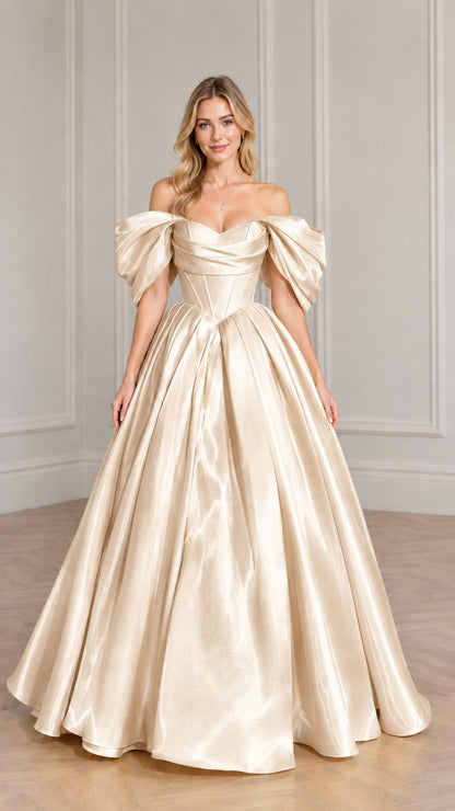 Model wearing champagne ivory off-the-shoulder satin ball gown