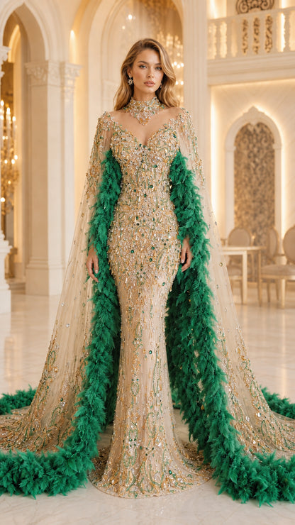 Full-length studio view of champagne gold and emerald green beaded cape gown