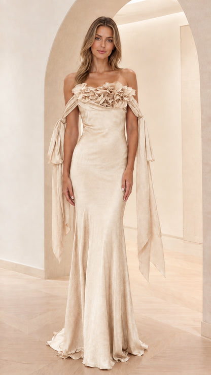 Champagne gold off-shoulder mermaid evening dress