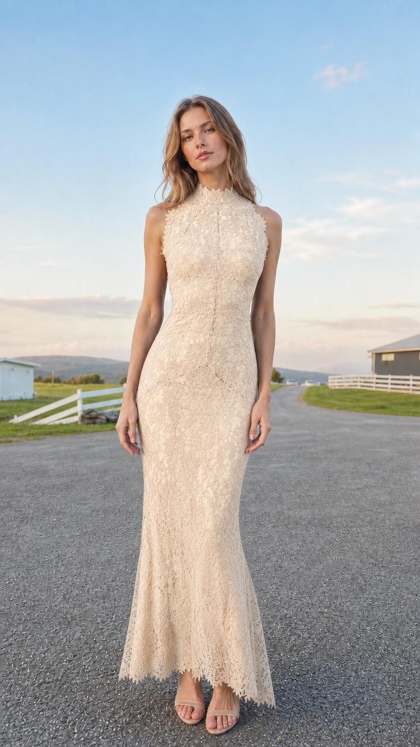 Model wearing champagne beige sleeveless high neck floral lace evening dress