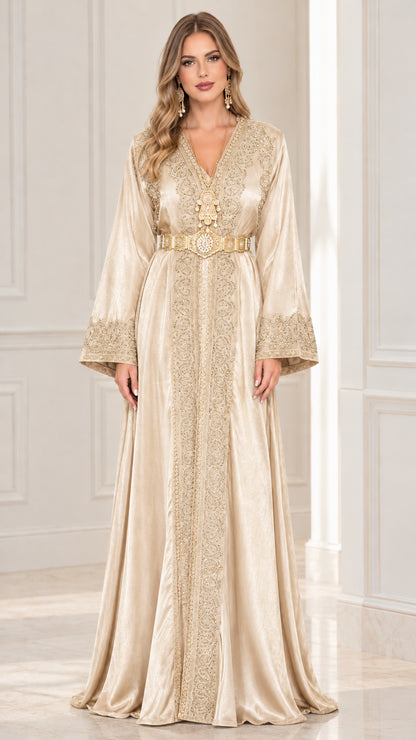 Front view of champagne gold embroidered satin kaftan maxi dress