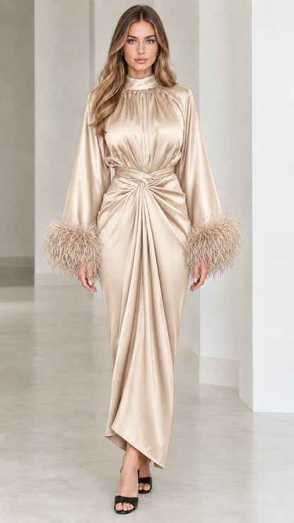 Champagne gold satin draped maxi dress with elegant feather cuff sleeves