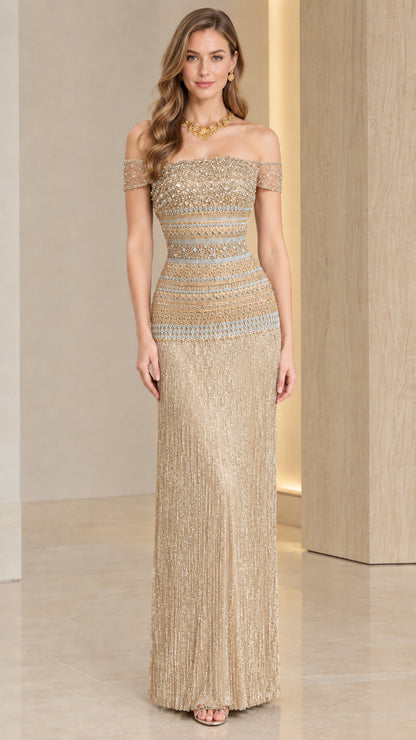 Champagne gold off-the-shoulder embellished column maxi dress