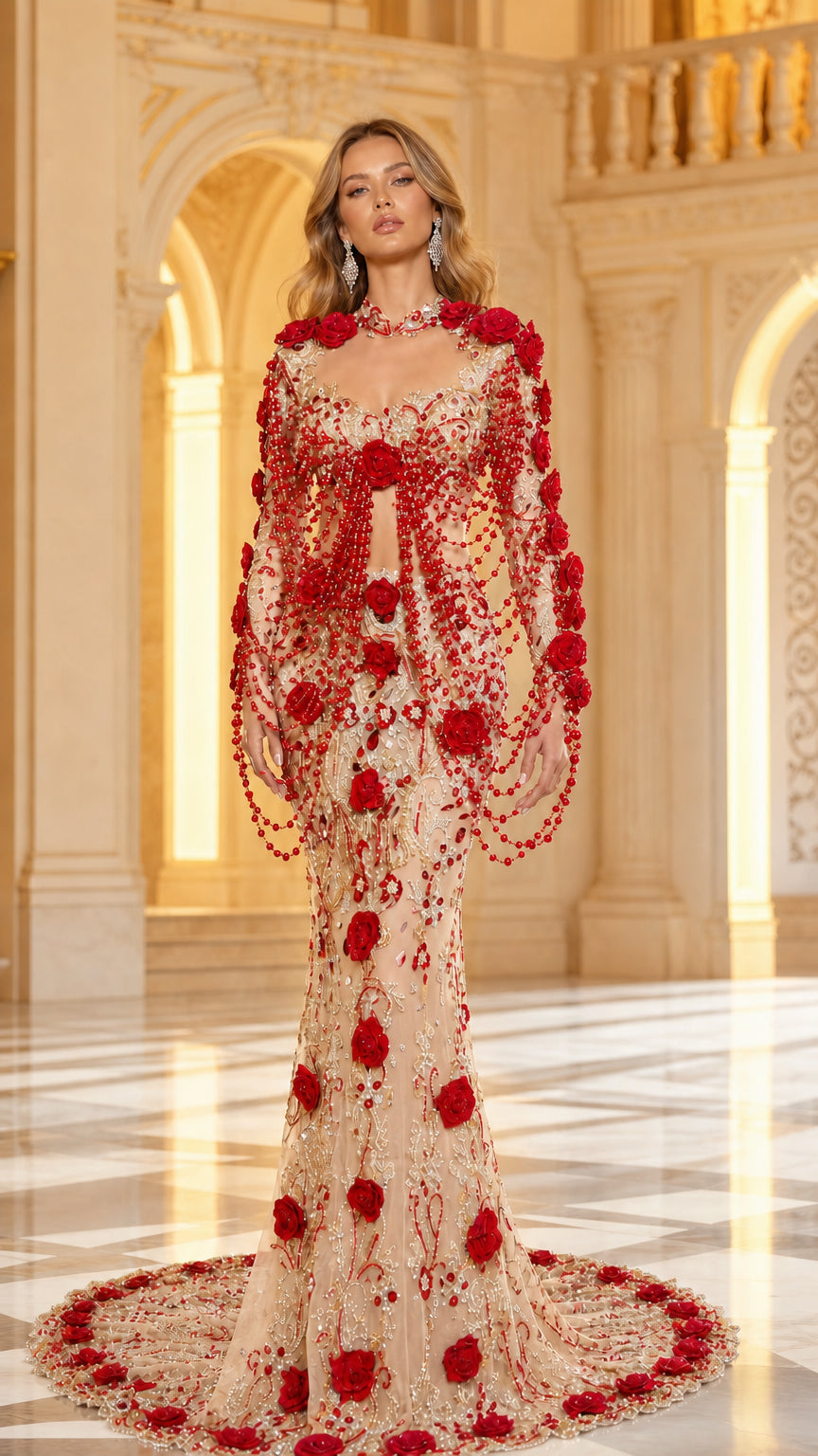 Full-length studio view of Champagne red floral beaded evening gown with circular train